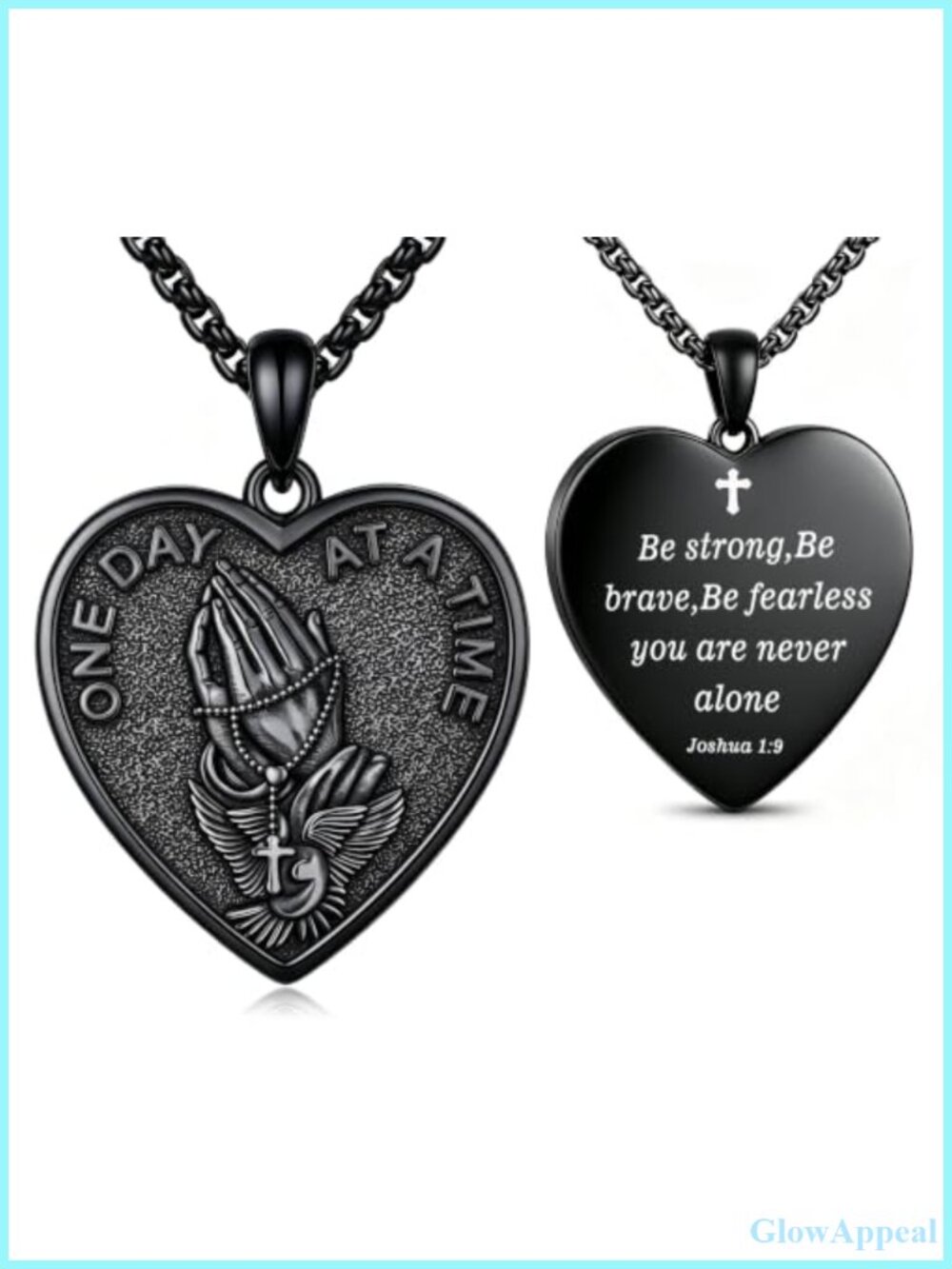 Stainless Steel Praying Hands Heart Necklace Men 20in Box Chain Religious